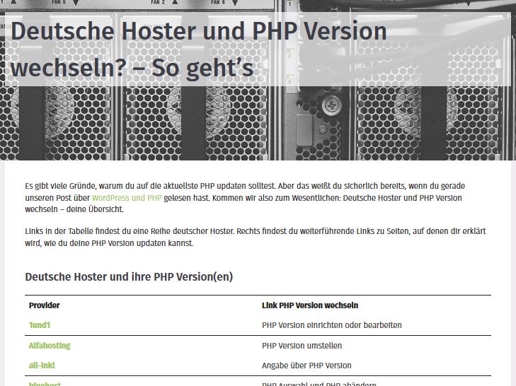 PHP Version umstellen: Informationen einholen bei der Liste deutscher Hoster.