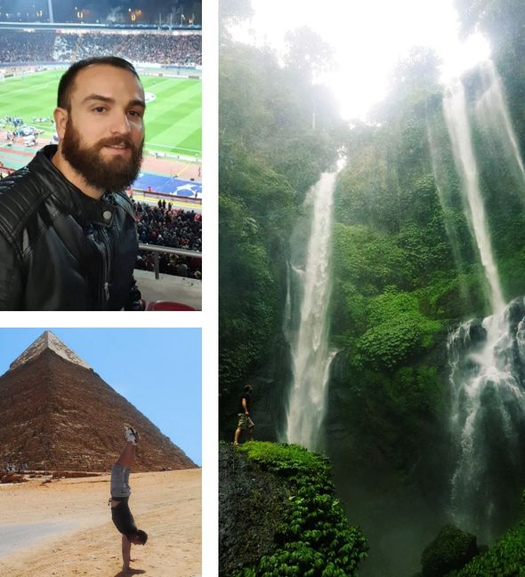 Inpsyde Quality Assurance Manager Daniel Fizešan in the stadium and on his travels making a handstand in front of a pyramid