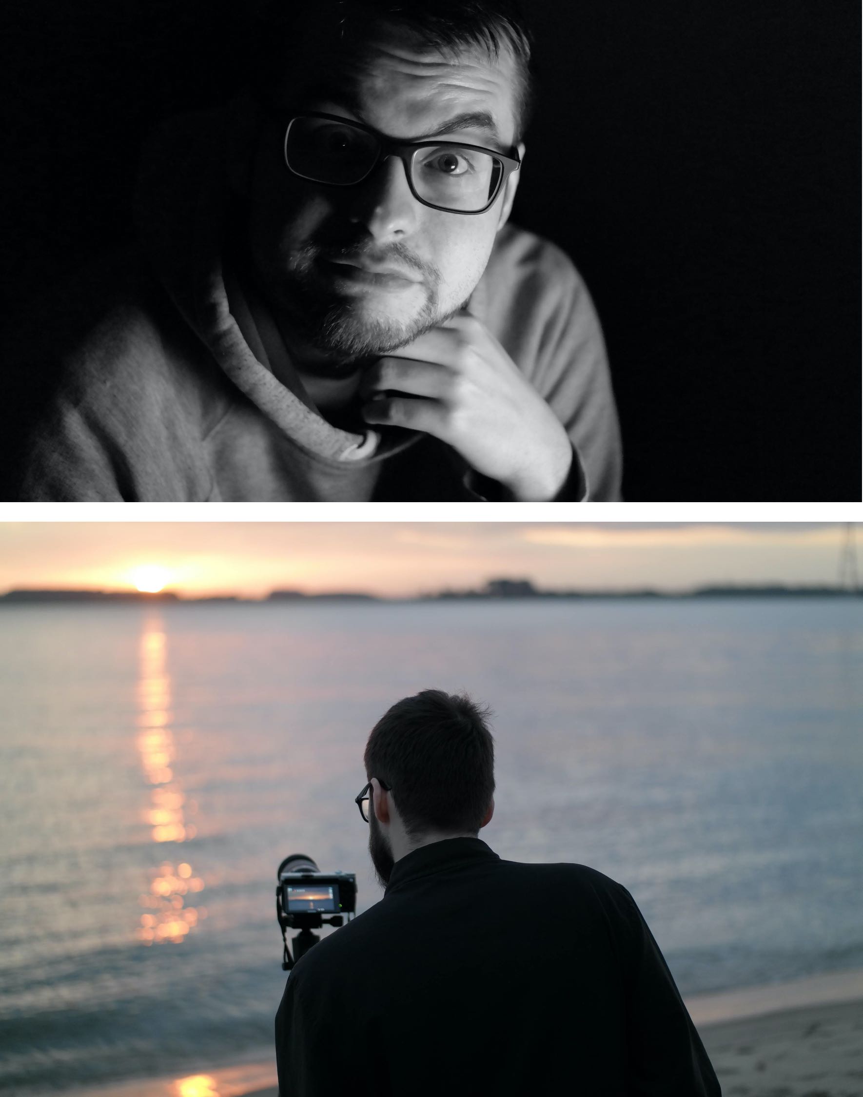 Auf dem ersten Bild posiert Niklas vor der Kamera. Auf dem zweiten Bild hält Niklas eine Kamera in der Hand und fotografiert einen wunderschönen Sonnenuntergang.