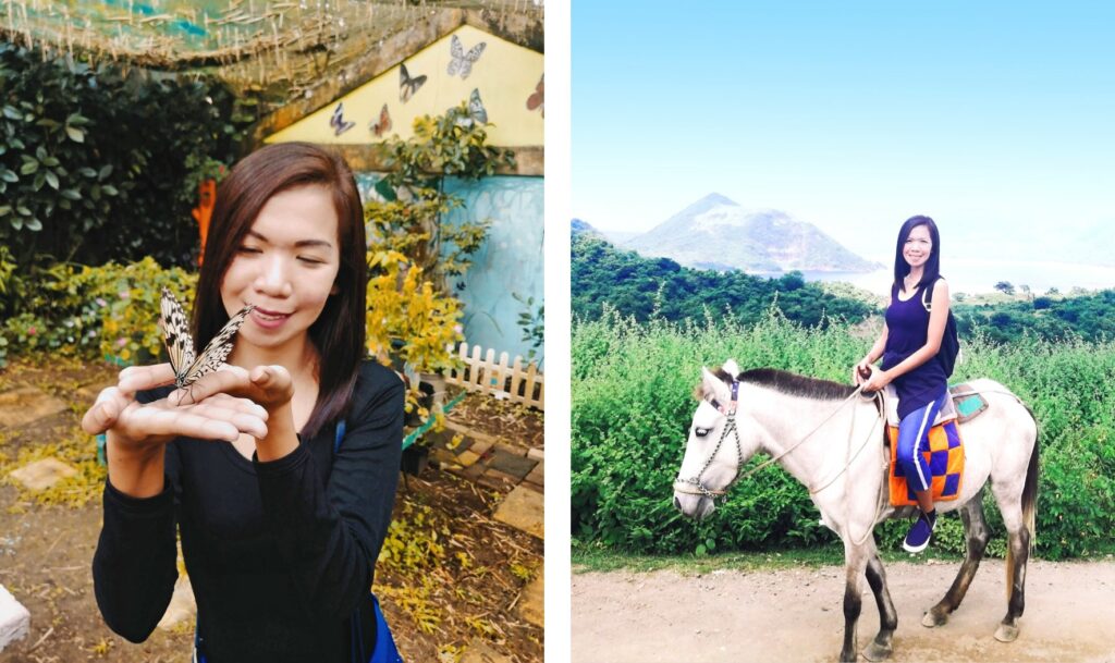 This collage shows two pictures. On the left you see a butterfly sitting on Charisse's hands. On the right you can see Charisse sitting on a horse. In the background there are bushes and a mountain.