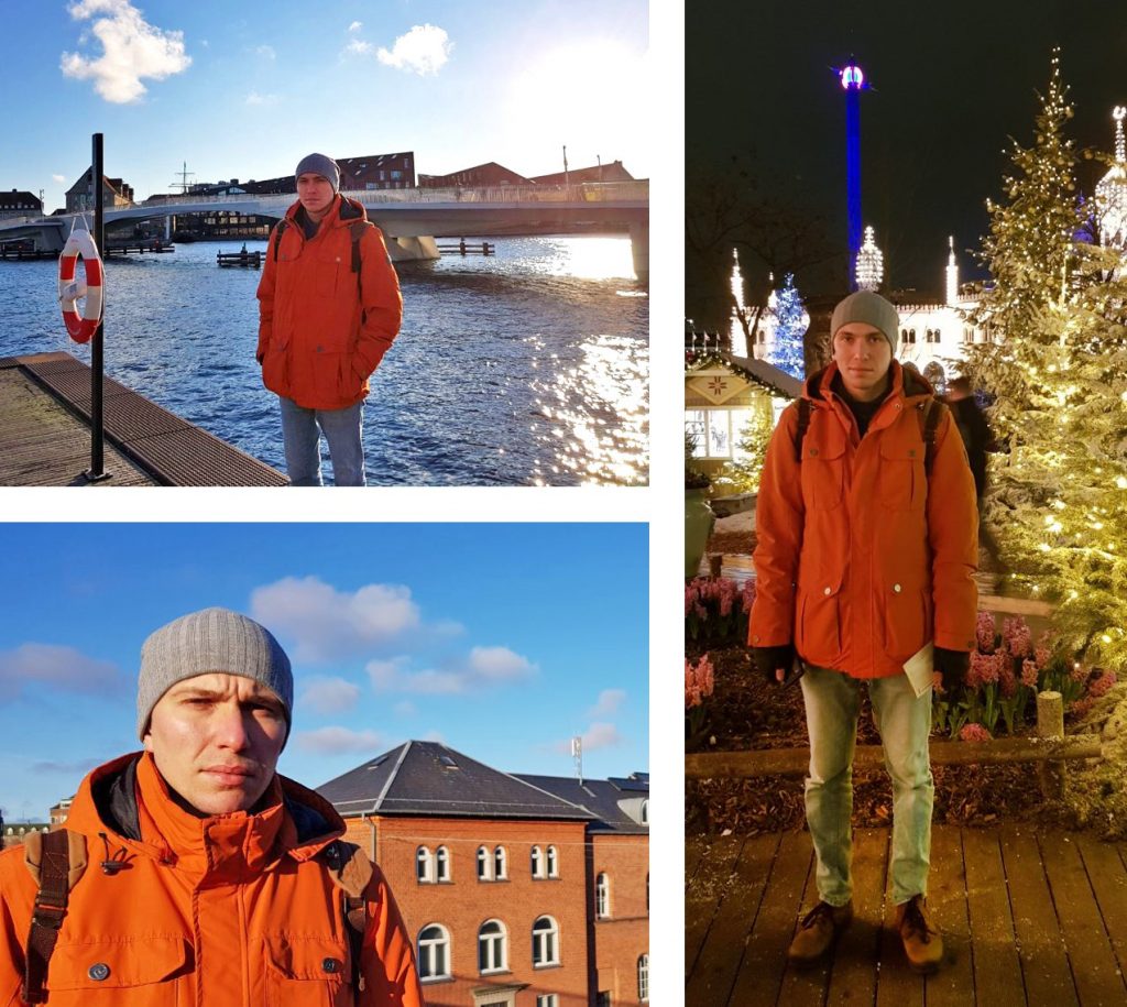 Inpsyder Kirill Braslavskyi at a harbour with a view to a bridge, at a Christmas market and while walking through the city