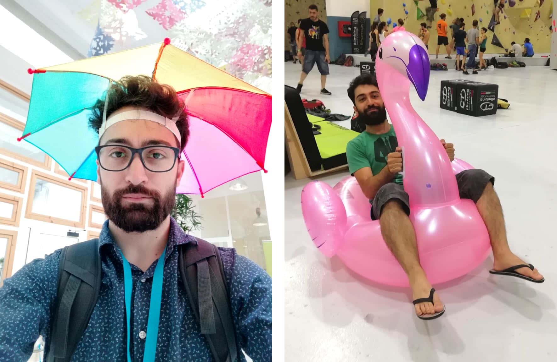 There are two photos. On the left side there is Antonio taking a selfie with a colorful umbrella hat. On the right side, Antonio is sitting on an inflatable Flamingo.