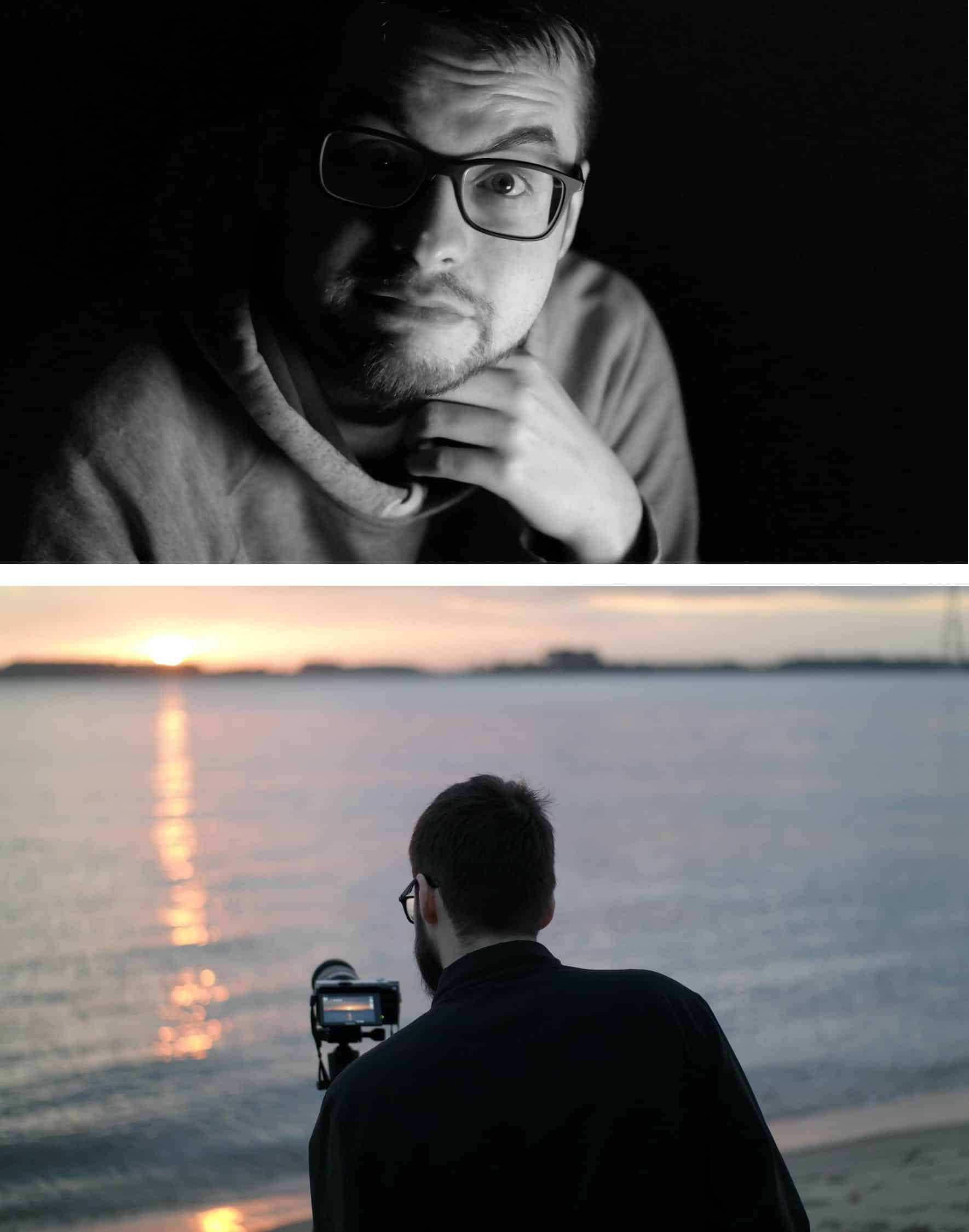 At the first image, Niklas is posing to the camera. The second image Niklas is holding a camera and taking a picture of the beautiful sunset.