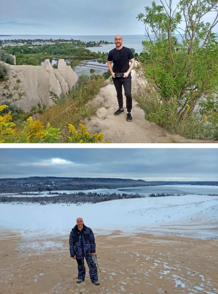 Here are two pictures. On the first one, Stefan is standing smiling in sporty outfit on a hill with the sea in the background. On the second picture, Stefan is wearing a warm snowsuit while standing in a wide snowy landscape with a forest and a frozen lake in the background.