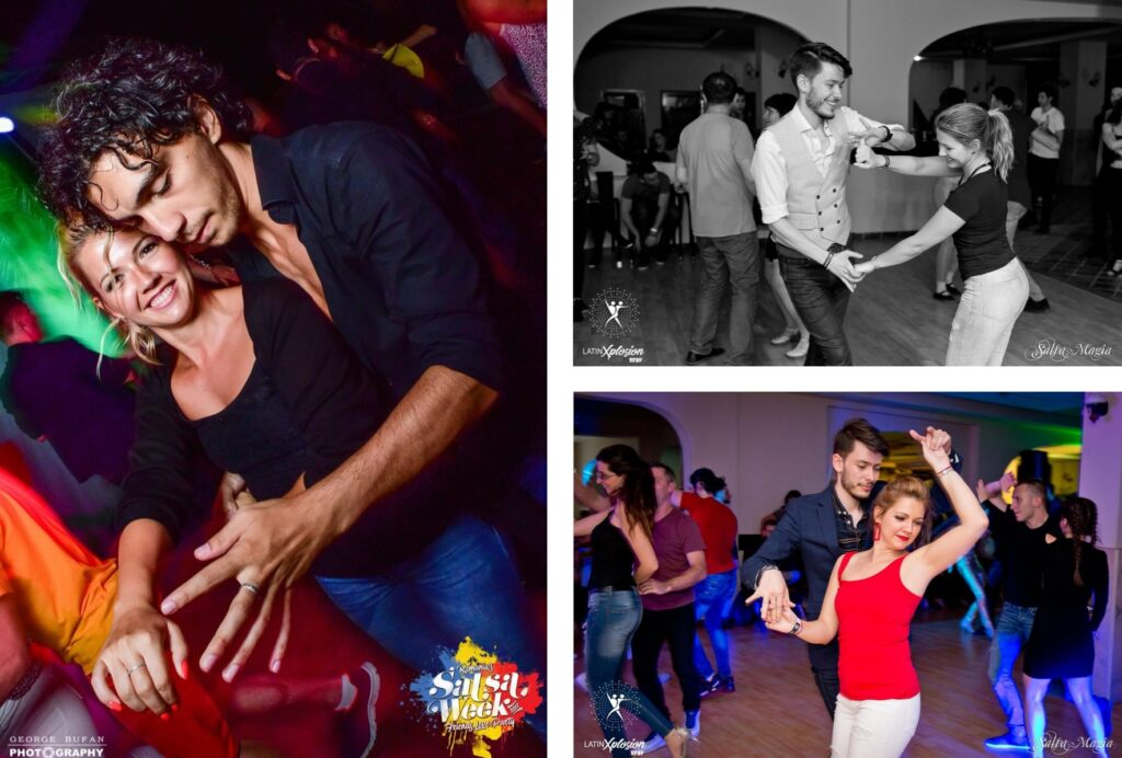 The collage shows three pictures where Olga is dancing salsa.