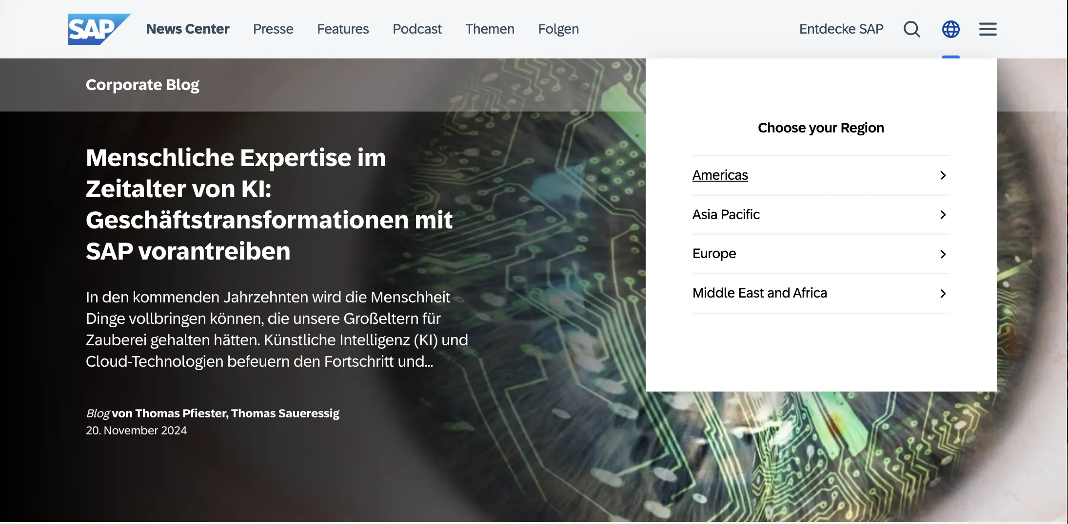 Screenshot of the main menu with the region switcher dropdown element
