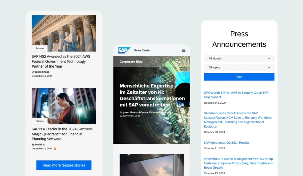 Mobile screenshots of the SAP News websites, showing a Features overview, an article header and the Press Room filter interface.