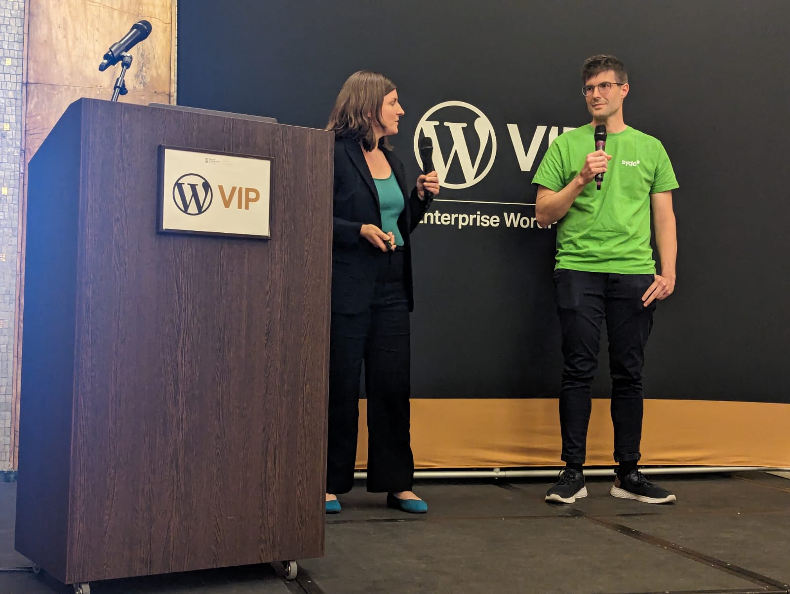 Another image of Veronica and I on stage at the WordPress VIP event