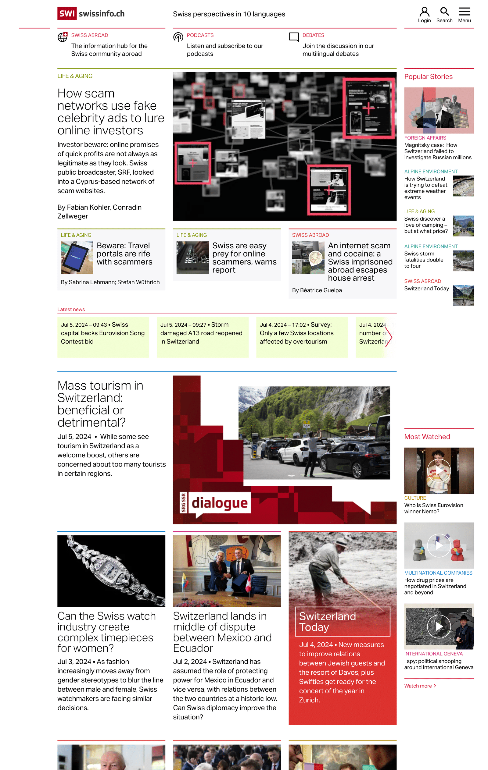 Screenshot of the swissinfo.ch home page