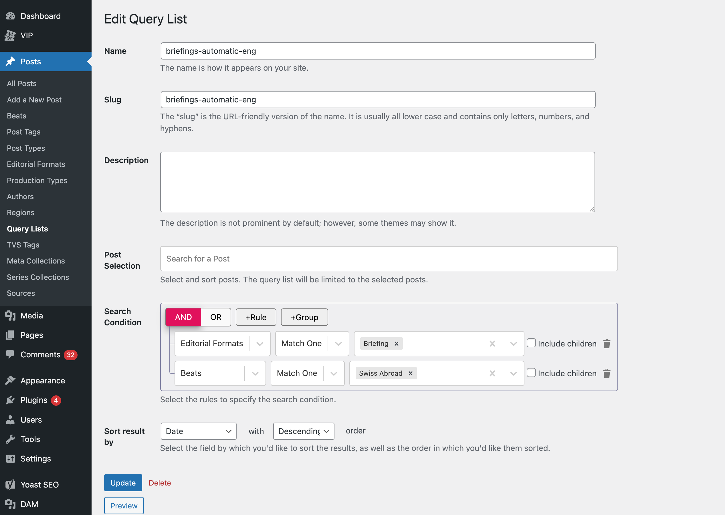 Screenshot der Taxonomie "Query Lists" im WordPress Backend