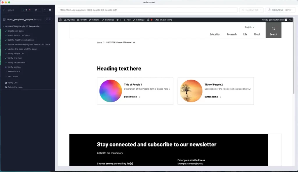 A browser window showing a test run with Cypress, showing the front end view of a custom heading block and, in a sidebar, the progress of various functional testing steps for that block.