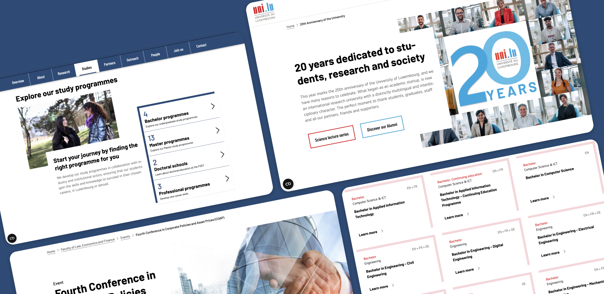 Various screenshots from the new uni.lu website to showcase the diverse layouts.
