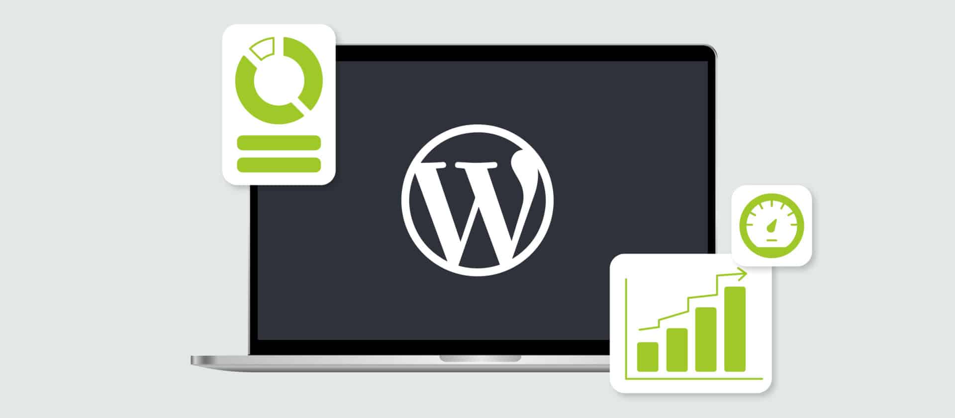 A laptop with the WordPress logo and performance charts