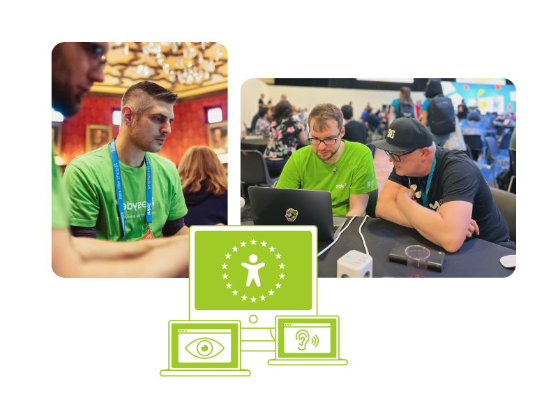 Syde employees working and accessibility logos.