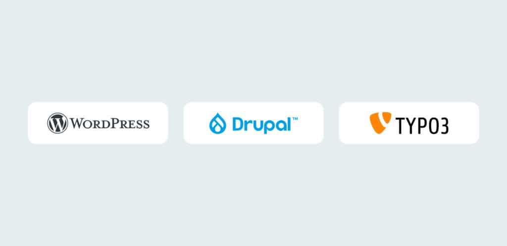 Logos for: WordPress, Drupal, Typo3